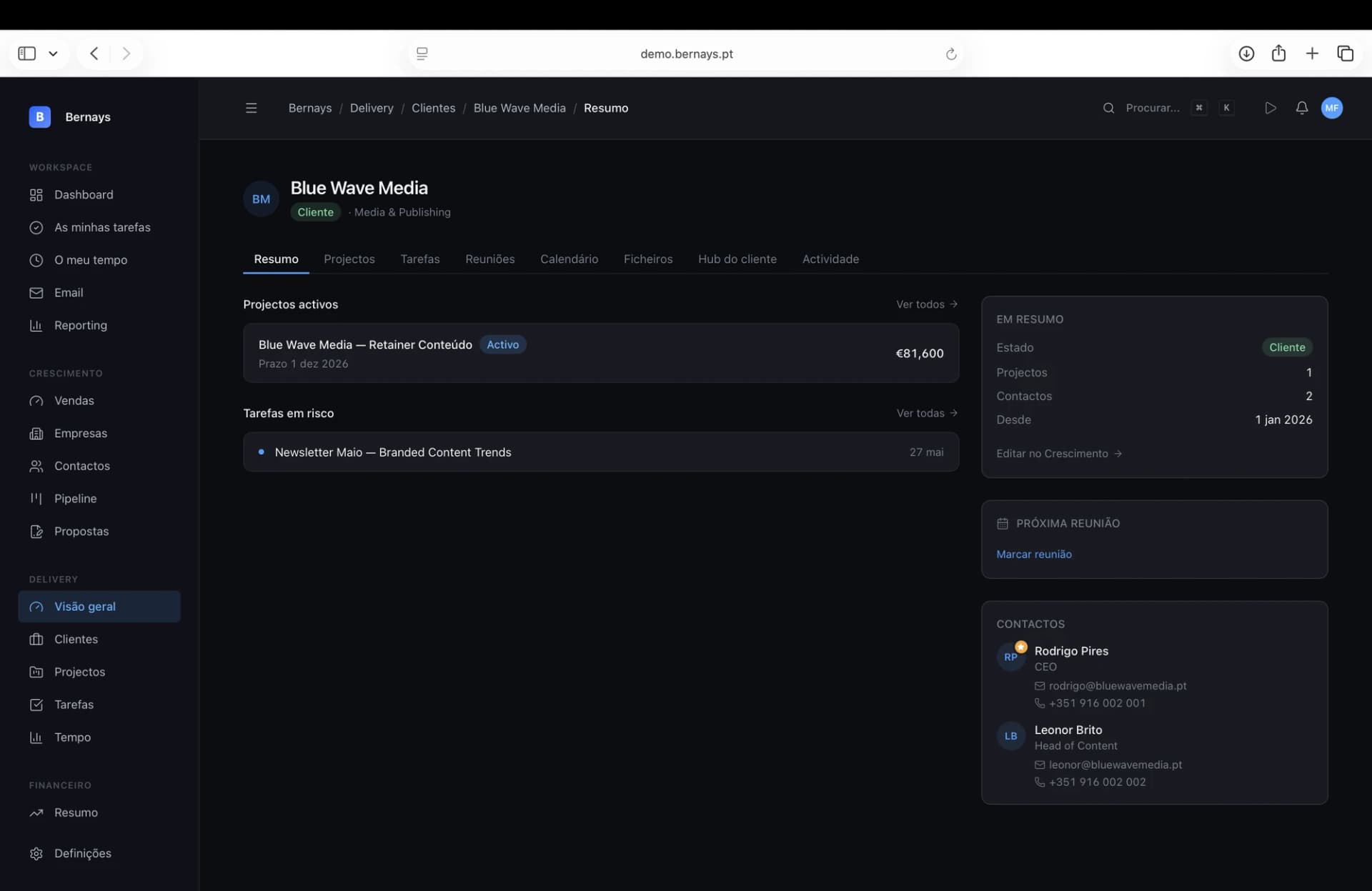Vista de cliente no Bernays com projectos activos, tarefas em risco e contactos centralizados