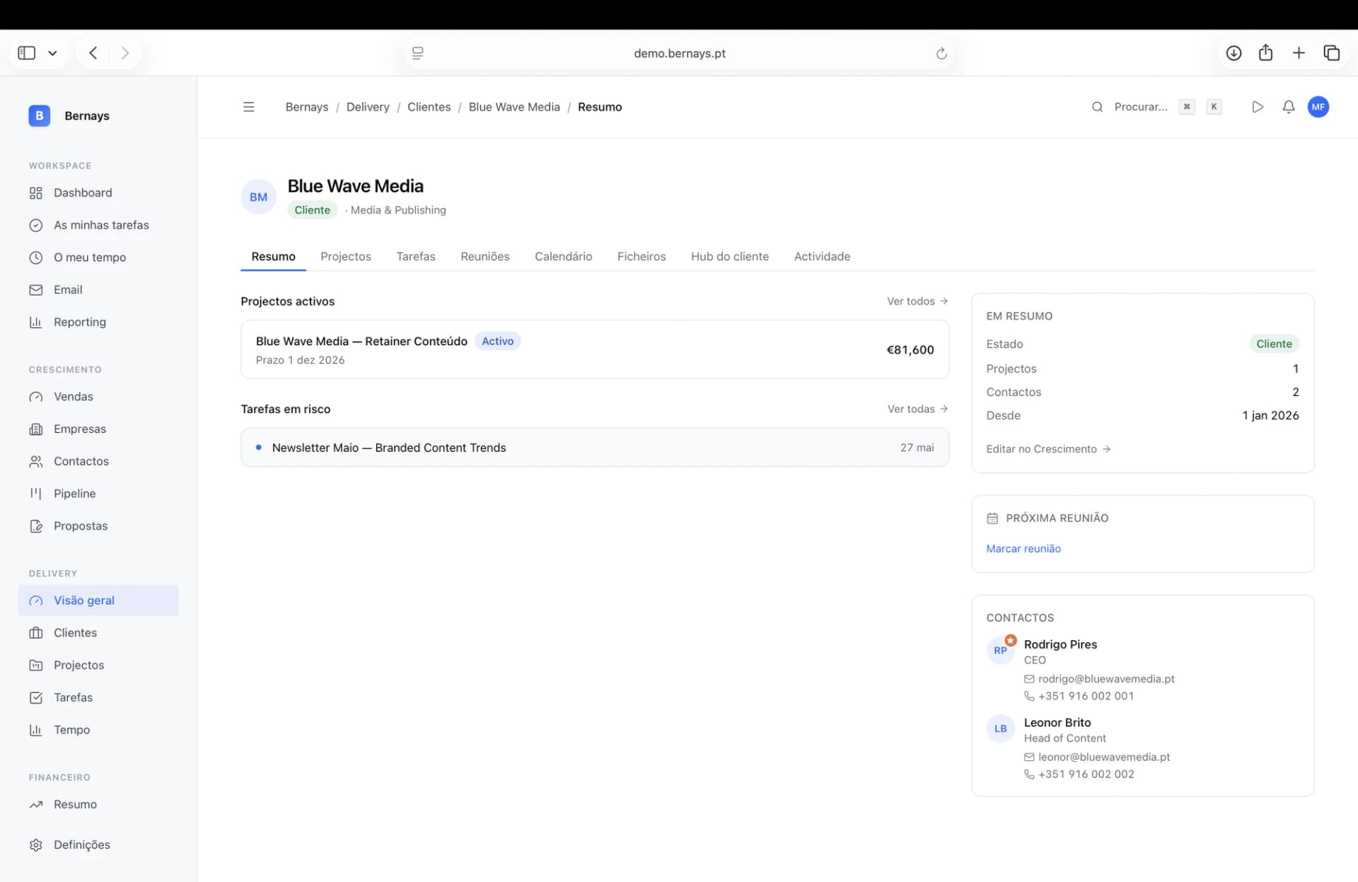 Vista de cliente no Bernays com projectos activos, tarefas em risco e contactos centralizados