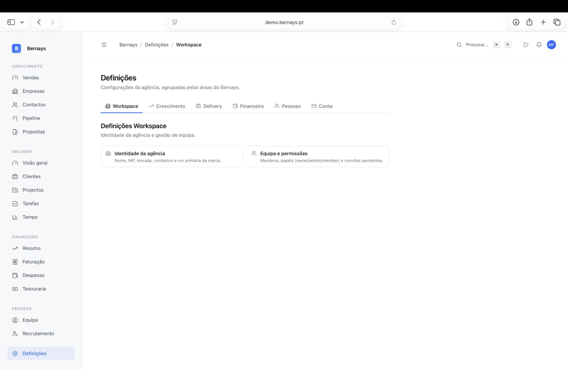 Definições do Bernays organizadas por módulo com Workspace, Crescimento, Delivery e Financeiro