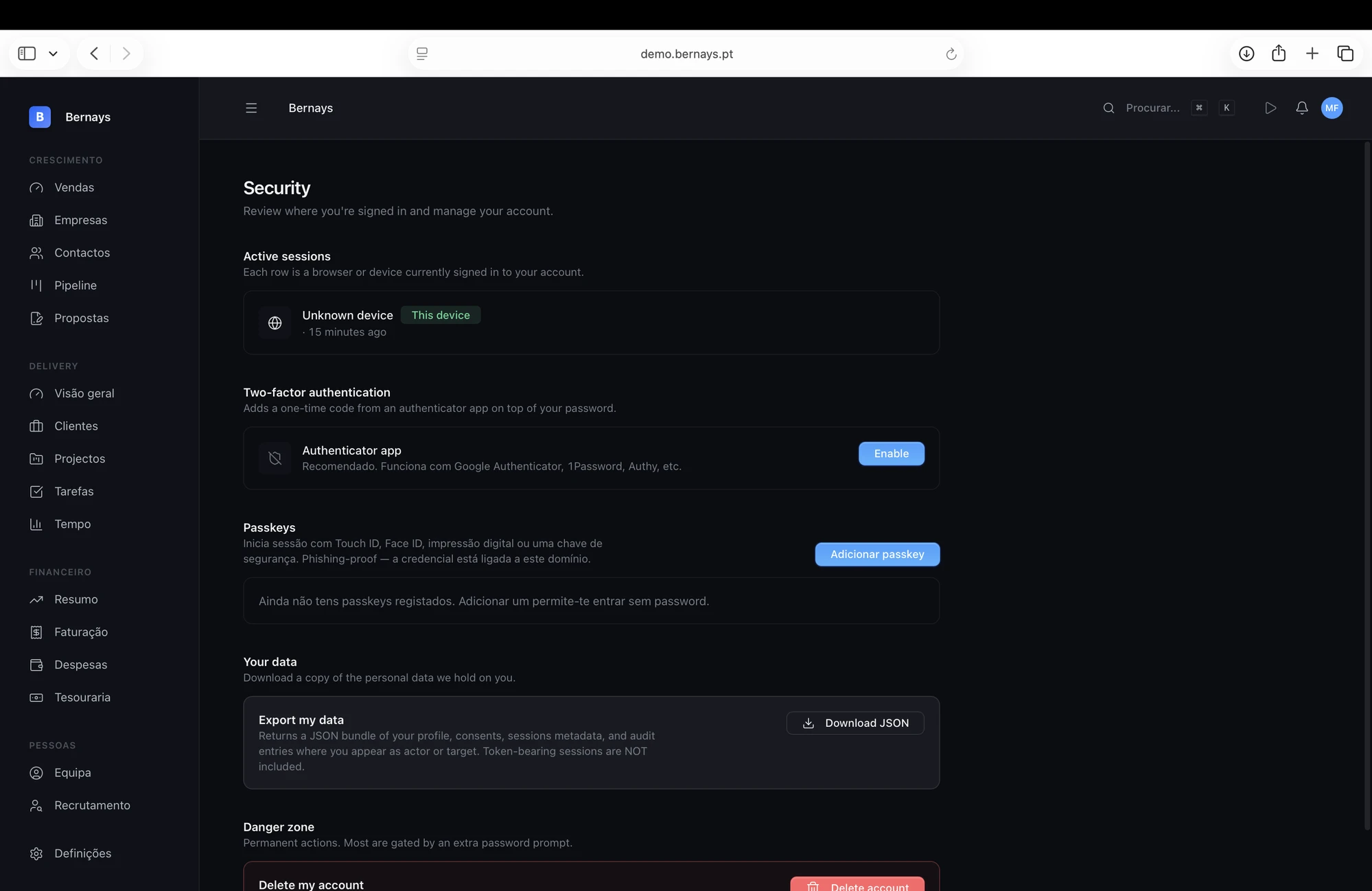 Definições de segurança do Bernays com 2FA, Passkeys e sessões activas