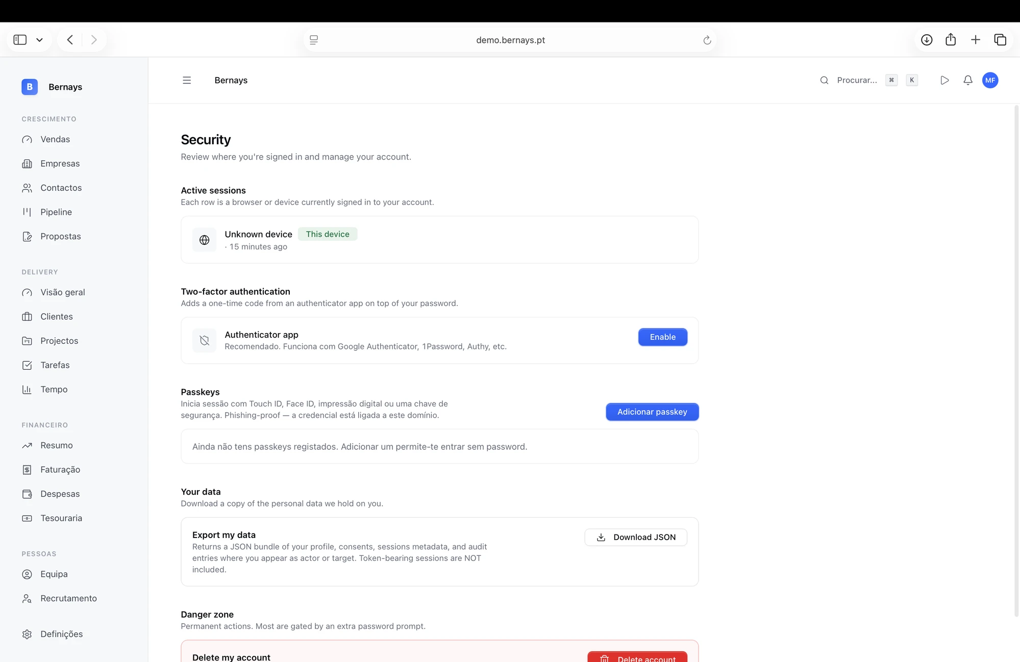 Definições de segurança do Bernays com 2FA, Passkeys e sessões activas